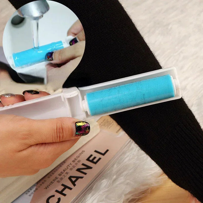Clarify.pk washable lint remover brush with blue adhesive roller cleaning lint from black fabric