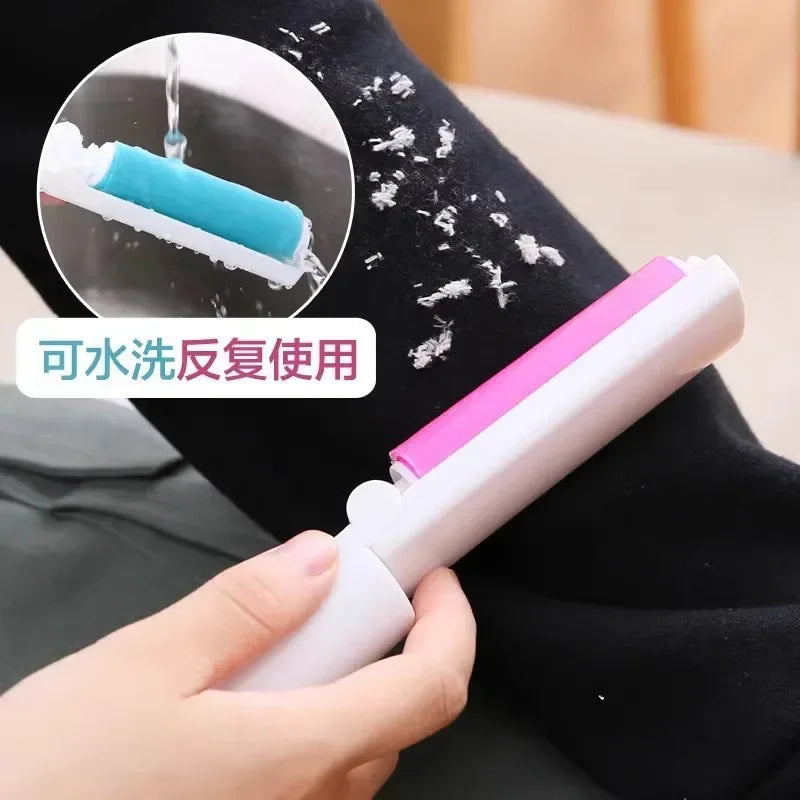 Washable lint remover brush removing lint from black fabric with water cleaning feature
