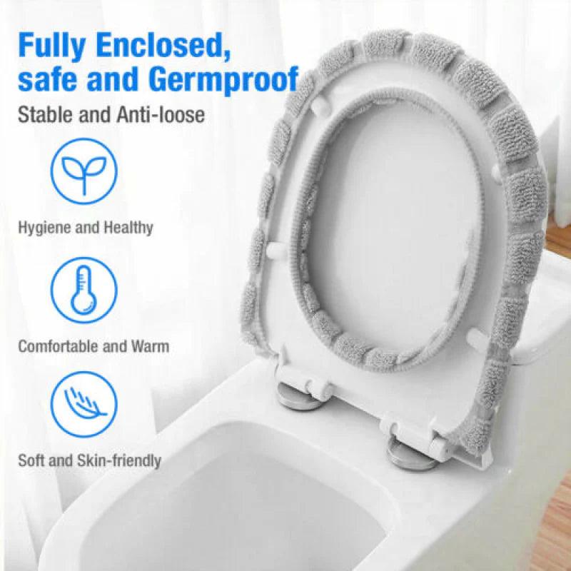 Gray washable toilet seat cover fitted on toilet seat with features of hygiene comfort and skin-friendly material