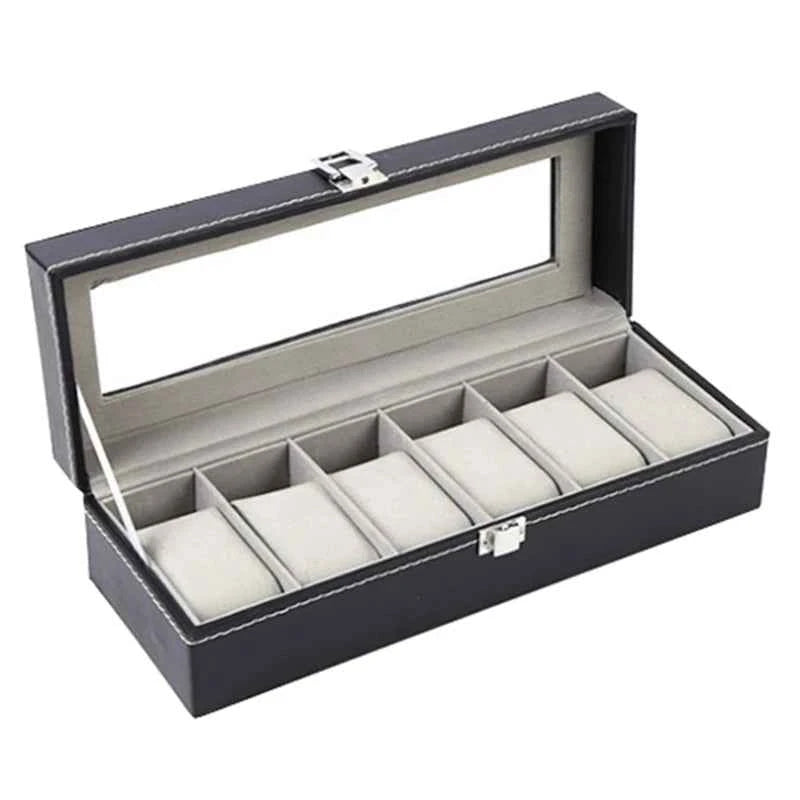 Elegant watch display case with lock featuring eight compartments and a glass top for organized storage