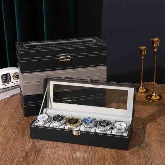 Elegant watch display case with lock for secure storage of five luxury watches with a clear viewing window