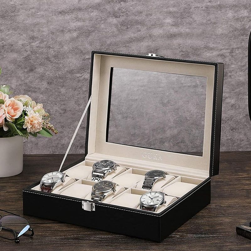 Elegant watch display case with lock for securely organizing and showcasing multiple watches