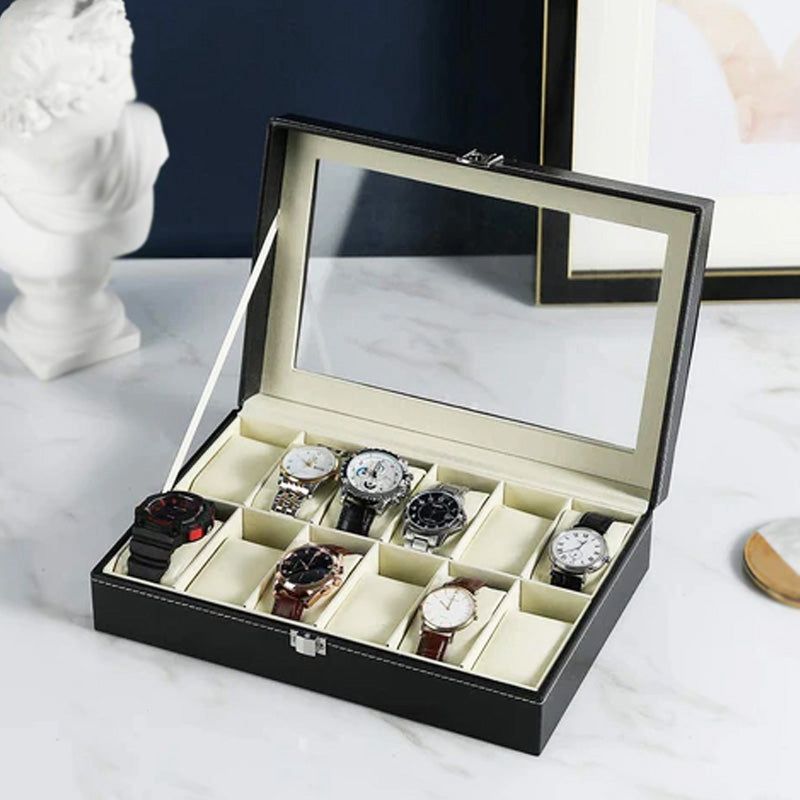 Elegant watch display case with lock featuring nine compartments for secure storage and organization of watches