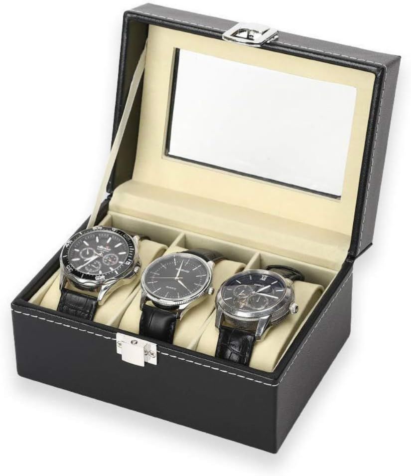 Elegant watch display case with lock featuring three compartments for secure storage of watches