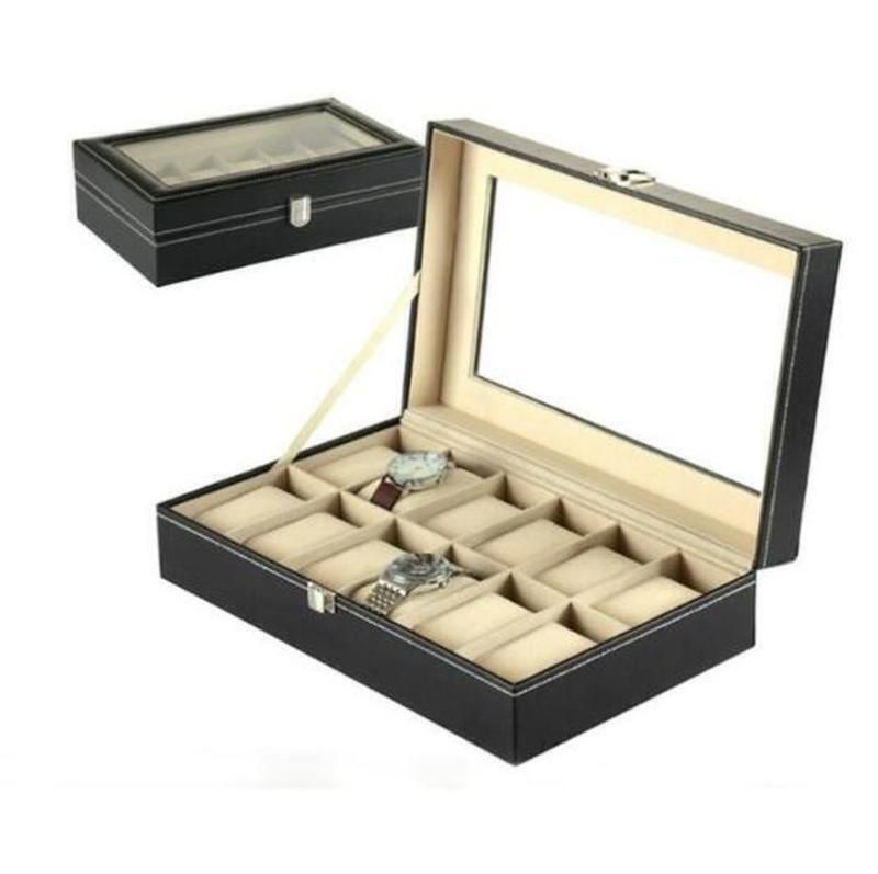 Black watch display case with lock featuring 12 compartments and a clear lid for showcasing watches
