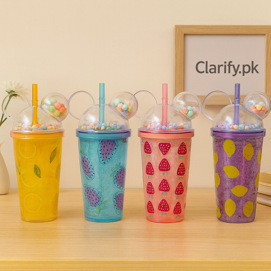 Colorful water bottle set with fruit patterns and mouse ear lids from Clarify.pk on wooden table