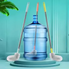 Water dispenser cleaning brush set with long handles and round bristles beside a large blue water container