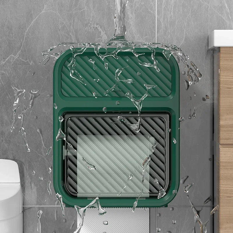 Clarify.pk waterproof bathroom tissue box in green mounted on bathroom wall with water splashing