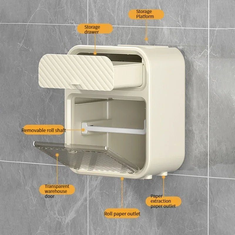 Clarify.pk waterproof bathroom tissue box with storage drawer, removable roll shaft, and transparent door