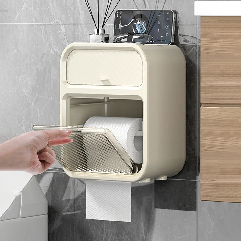 Clarify.pk waterproof bathroom tissue box mounted on bathroom wall holding a roll of toilet paper
