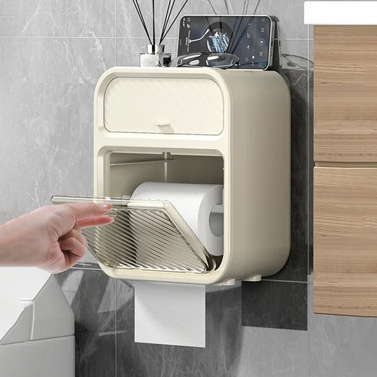 Clarify.pk waterproof bathroom tissue box mounted on bathroom wall holding a roll of toilet paper