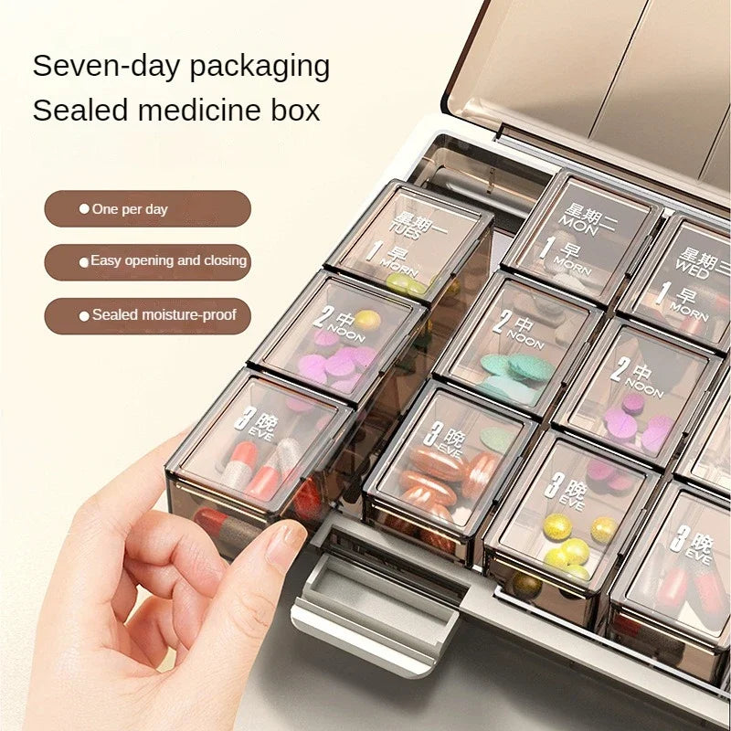 Clarify.pk weekly pill organizer box with sealed, moisture-proof compartments for seven-day medication storage