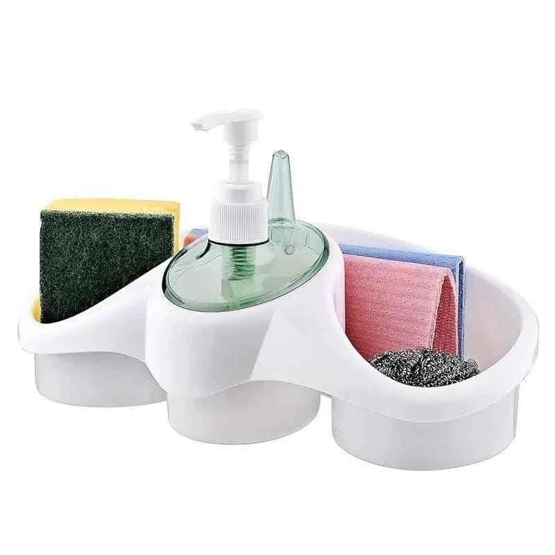 Clarify 3 in 1 dish soap dispenser with sponge and scrubber holders in white plastic