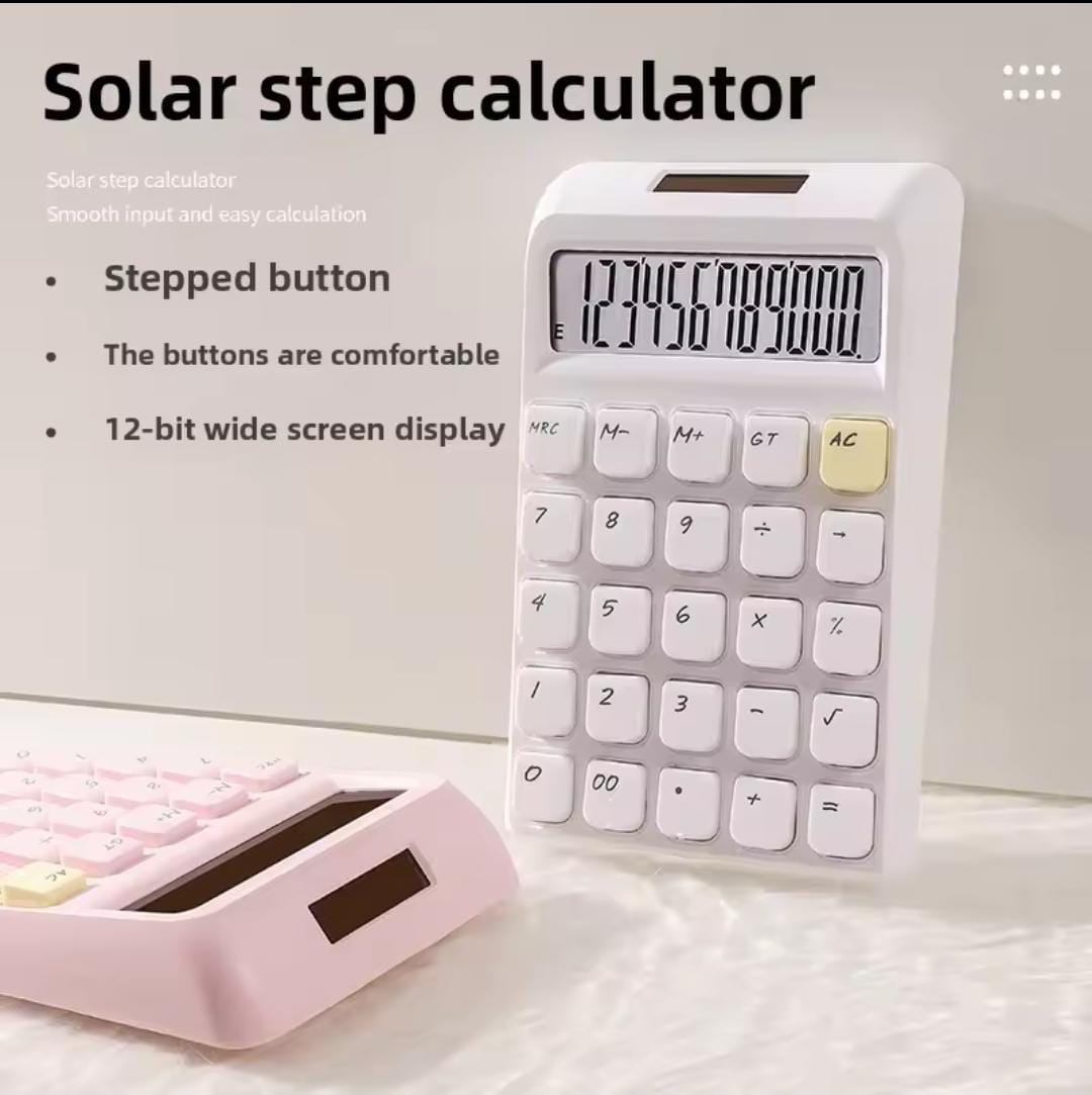 Clarify.pk white step button calculator for students with solar power and 12-bit wide screen display