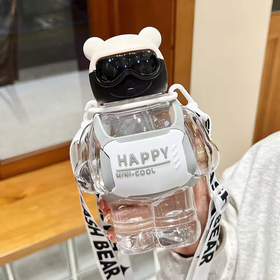 Cute bear-shaped 800ml sports water bottle with straw clear body and white accessories by Clarify.pk