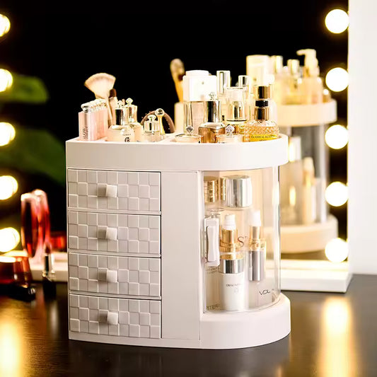 White makeup organizer for vanity with multiple drawers and compartments holding bottles and brushes