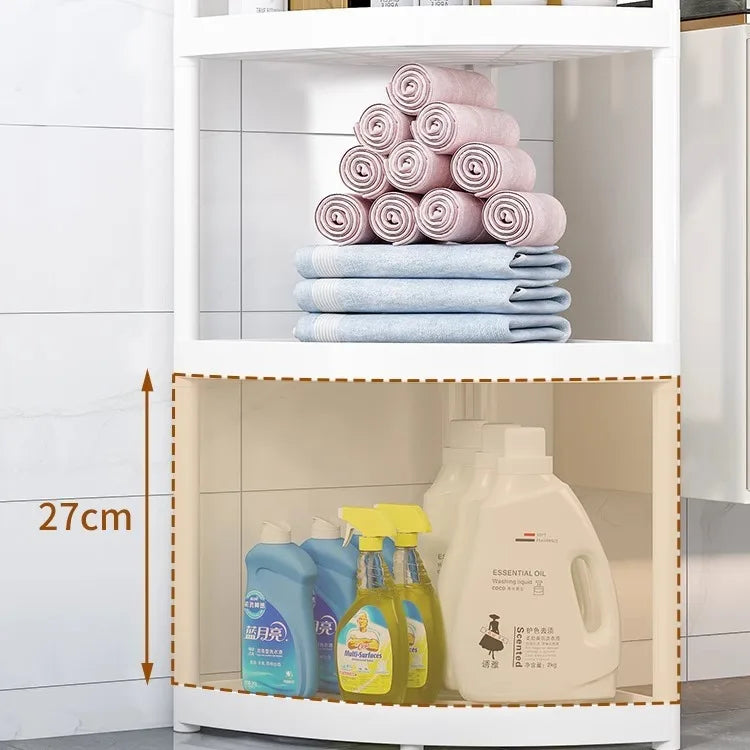 Clarify.pk multi tier storage organizer bathroom shelf with towels and cleaning bottles