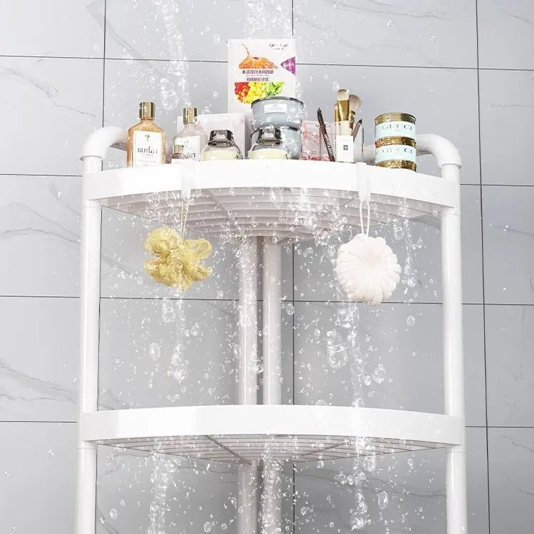 White bathroom multi tier storage organizer by Clarify.pk holding toiletries and shower accessories under running water