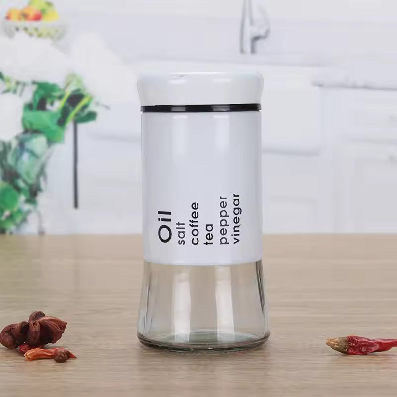 Clarify.pk kitchen spice jar container with clear glass base and white lid for oil salt pepper storage