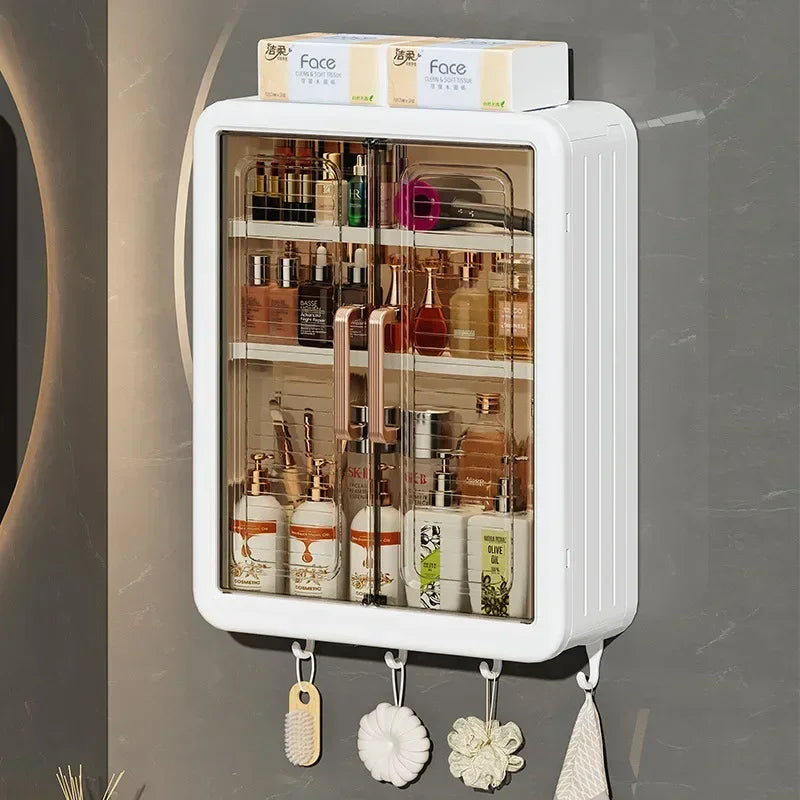 Clarify.pk wall mounted bathroom storage cabinet with transparent doors and multiple shelves holding toiletries