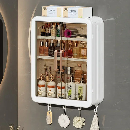 Clarify.pk wall mounted bathroom storage cabinet with transparent doors and multiple shelves holding toiletries