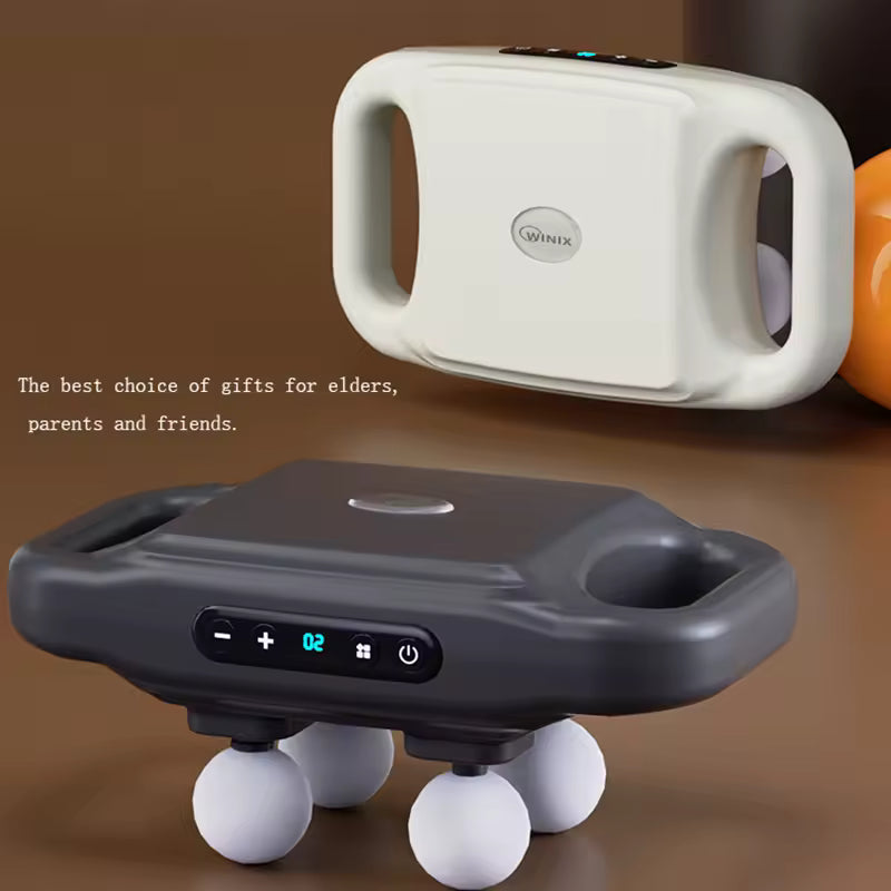 Clarify.pk 4-head massage gun in black and white with digital display and ergonomic handles for relaxation
