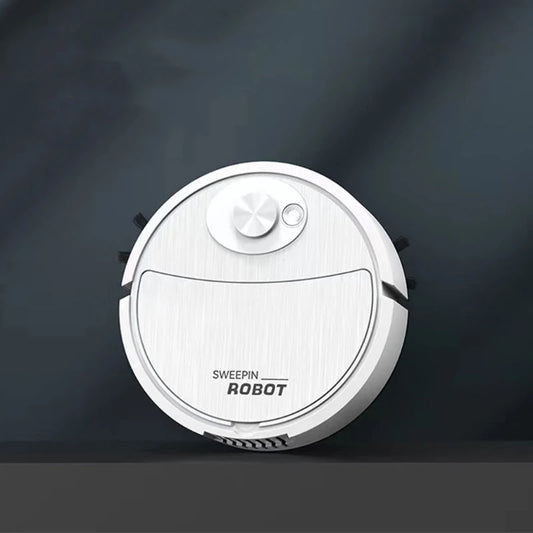 White wireless sweeping and mopping robot with circular design and top control button