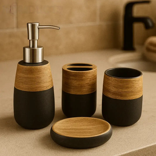 Rustic Black & Wood Ceramic Bathroom Set – 4-Piece Modern Décor