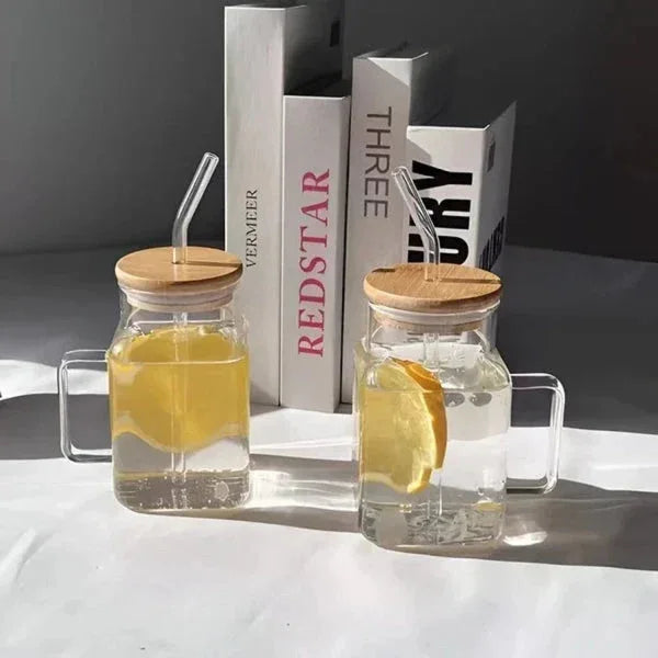 Mason Jar Glass with Handle & Bamboo Lid – Aesthetic - Clarify.pk