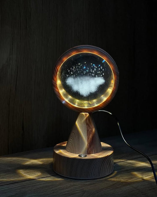 Clarify.pk crystal globe projector lamp with wooden base and illuminated glowing globe design