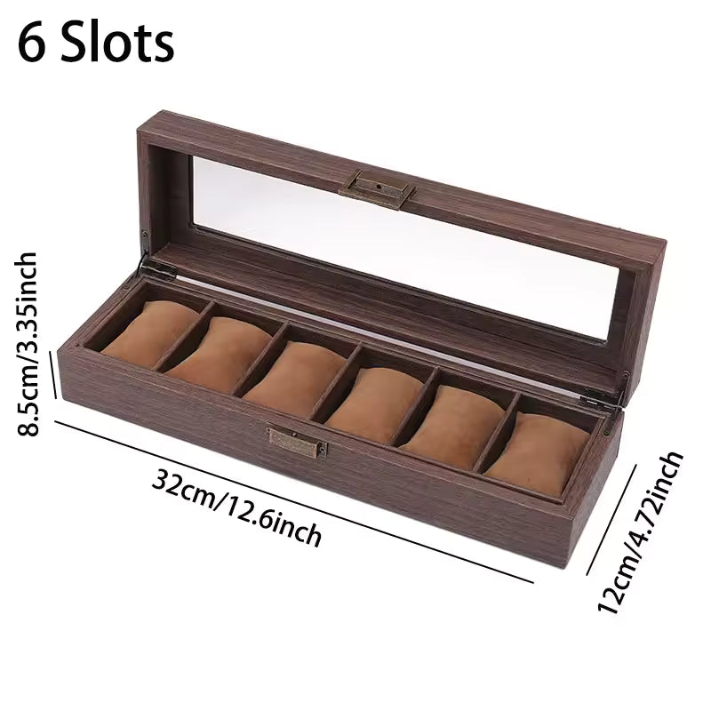 Clarify wood grain leather watch box with six slots and transparent glass lid for elegant watch storage