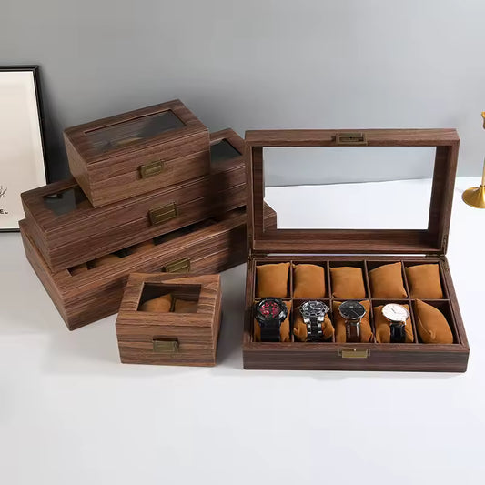 Clarify.pk wood grain leather watch box with multiple compartments and clear glass lid for organizing watches