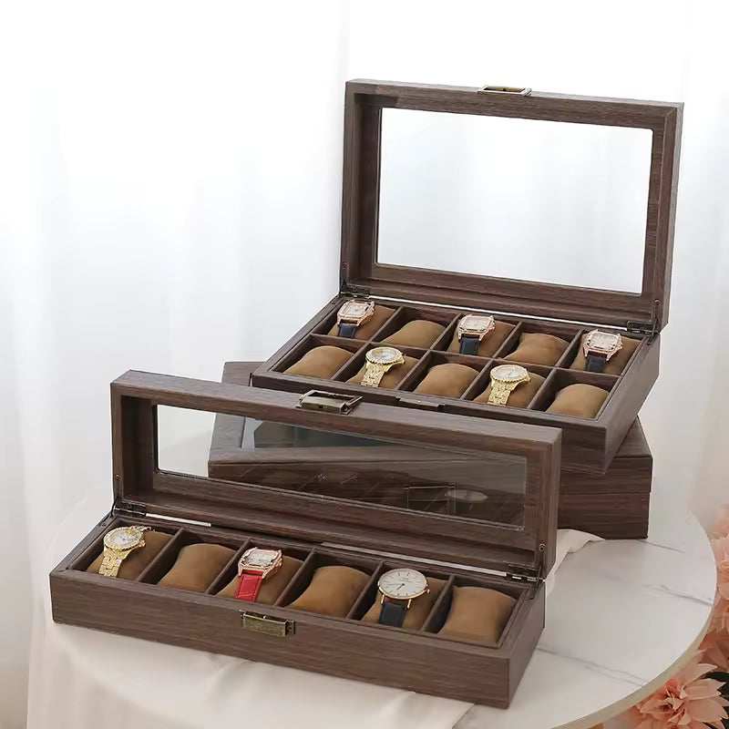 Clarify.pk wood grain leather watch box with glass lids displaying multiple watches on cushioned compartments