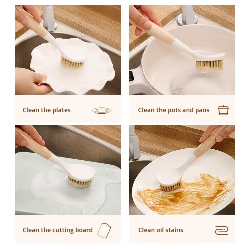 Wooden handle dishwashing brush cleaning plates, pots, pans, cutting board, and oil stains