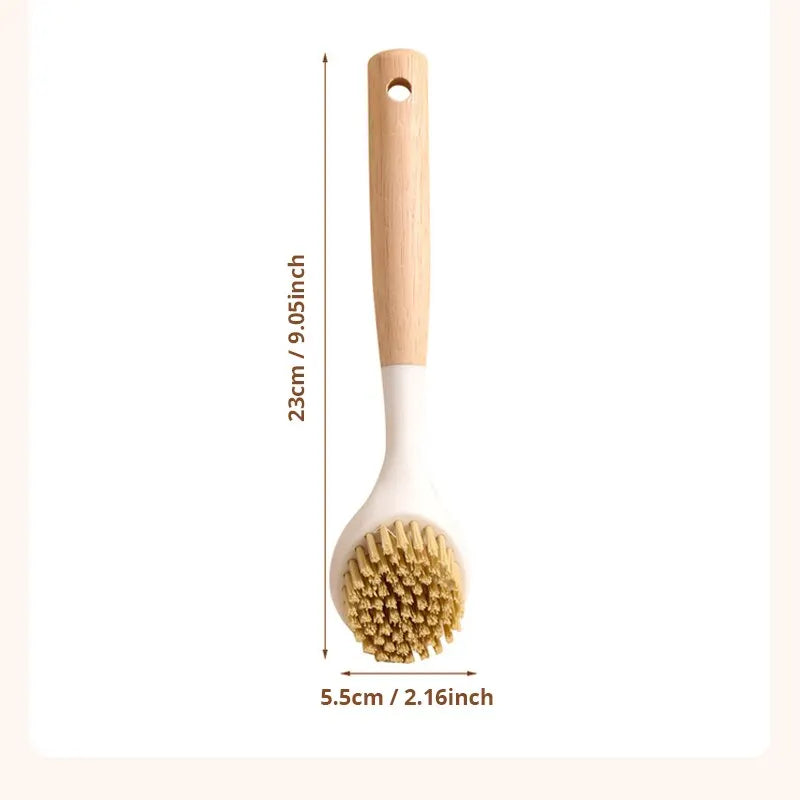 wooden handle dishwashing brush with natural bristles and ergonomic grip for effective cleaning
