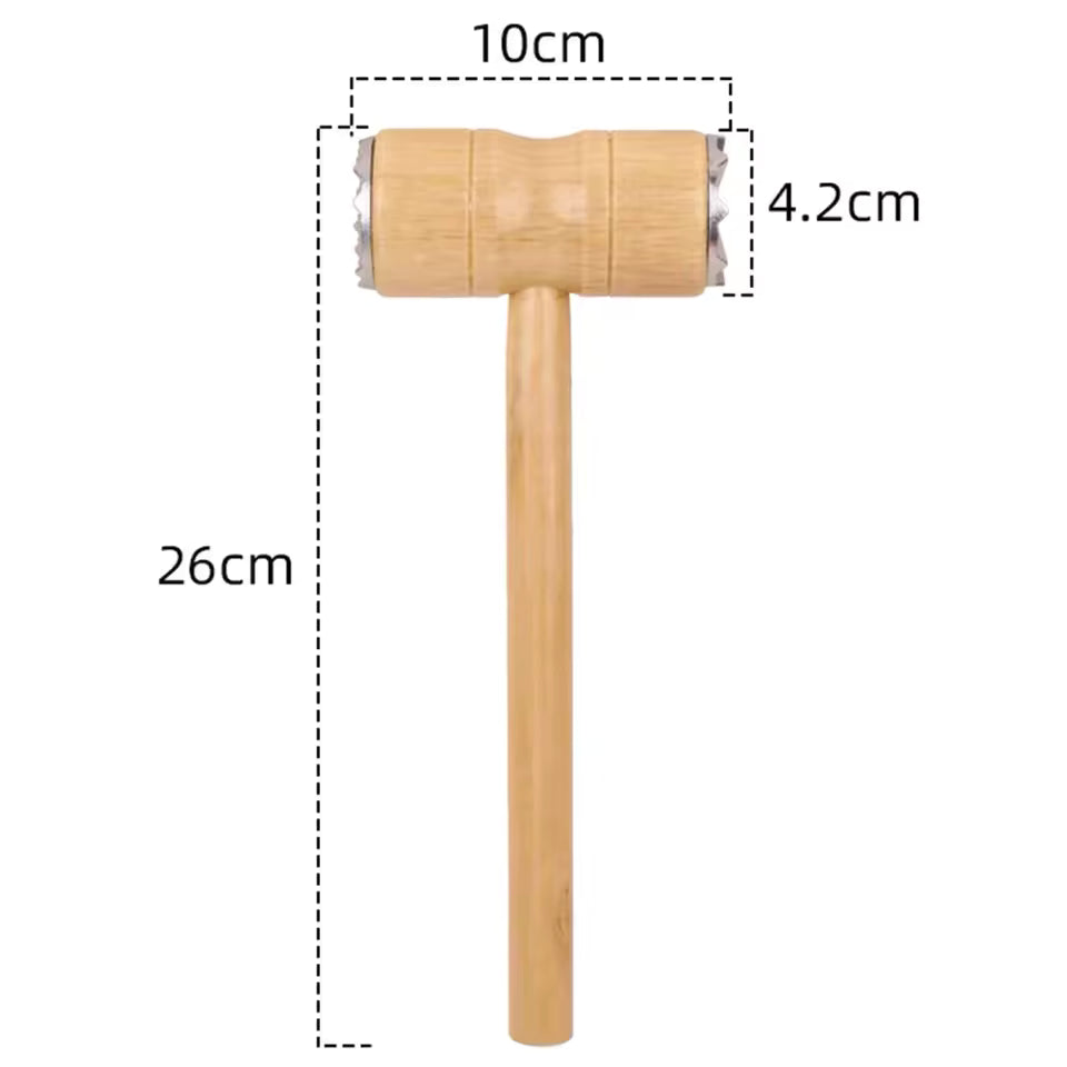 Wooden meat tenderizer hammer with dimensions 26cm handle and 10cm head for pounding meat