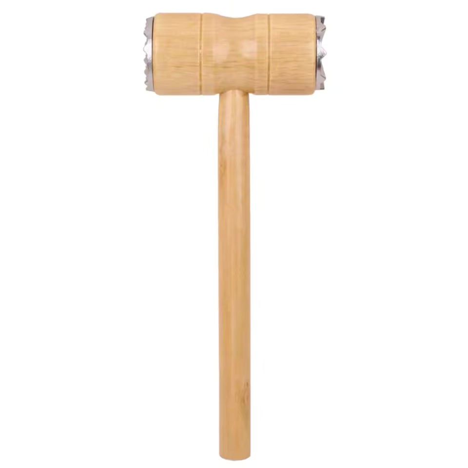 Clarify wooden meat tenderizer hammer with dual-textured heads for efficient meat pounding