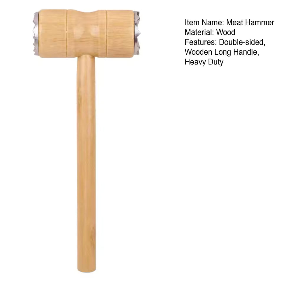 Double-sided wooden meat tenderizer hammer with long handle for heavy duty use