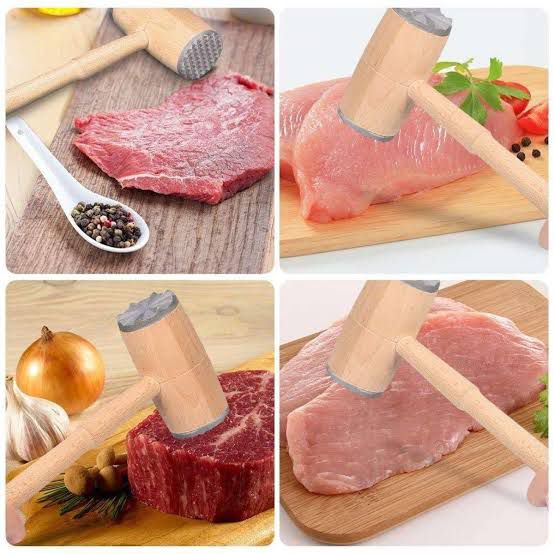 Wooden meat tenderizer hammer shown pounding raw beef and chicken on wooden cutting boards