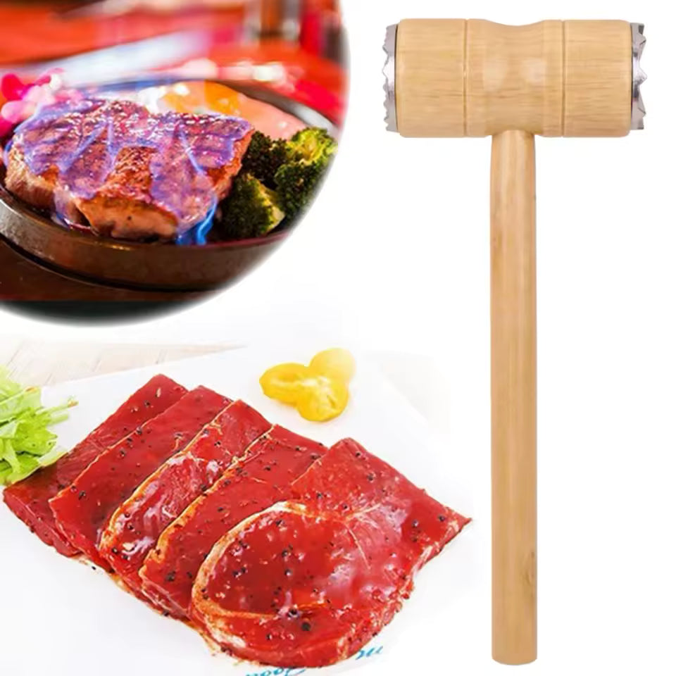 Wooden meat tenderizer hammer with double-sided metal heads for pounding and tenderizing meat