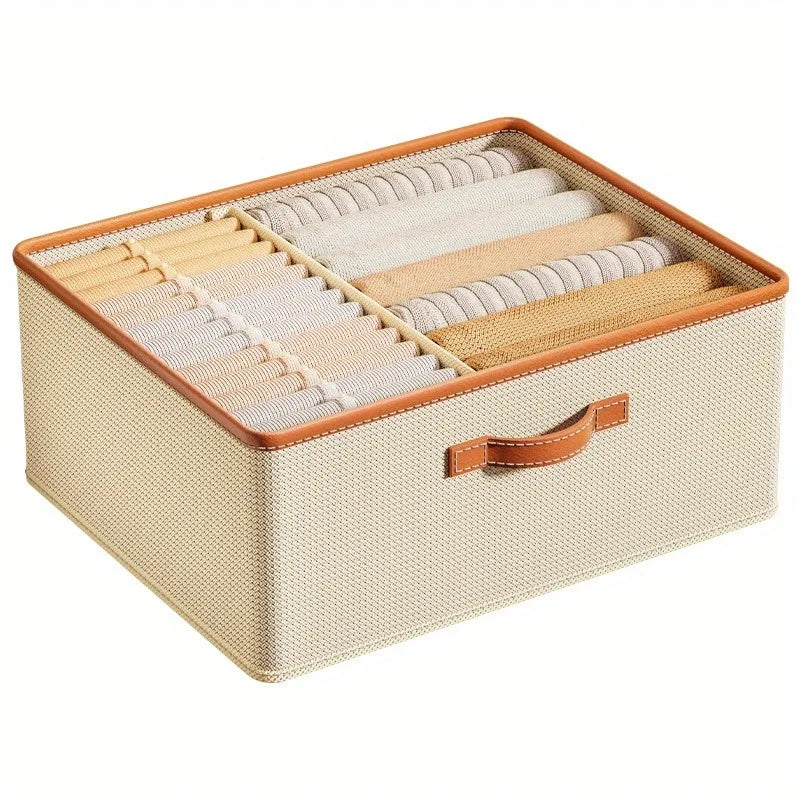 Clarify.pk beige wardrobe clothing storage box with brown trim and handle, neatly organizing clothes