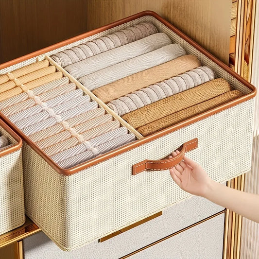 Clarify.pk wardrobe clothing storage box with beige woven texture and leather handle for organized clothes