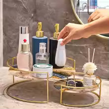 Wrought iron storage rack by Clarify.pk holding skincare bottles and beauty products on a bathroom countertop