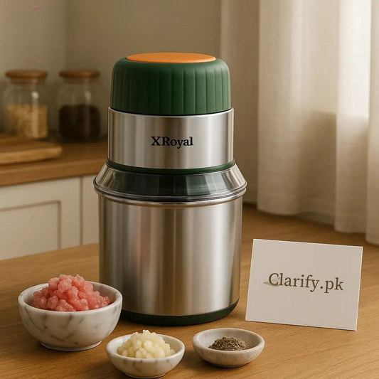 XRoyal stainless steel electric meat grinder on kitchen countertop with minced meat and spices