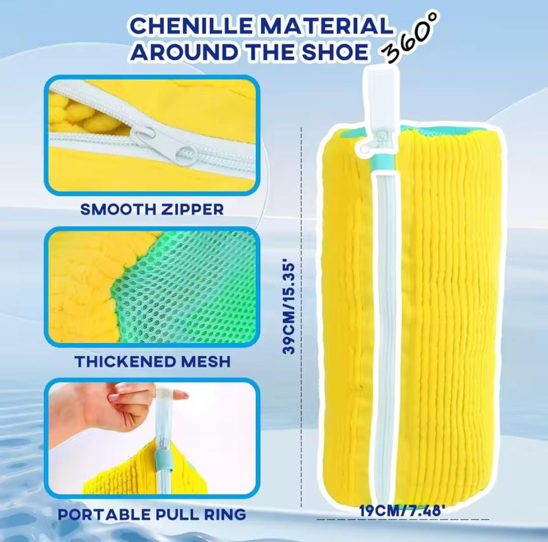 Yellow shoe washing pouch for washing machine with chenille material, smooth zipper, thickened mesh, and portable pull ring