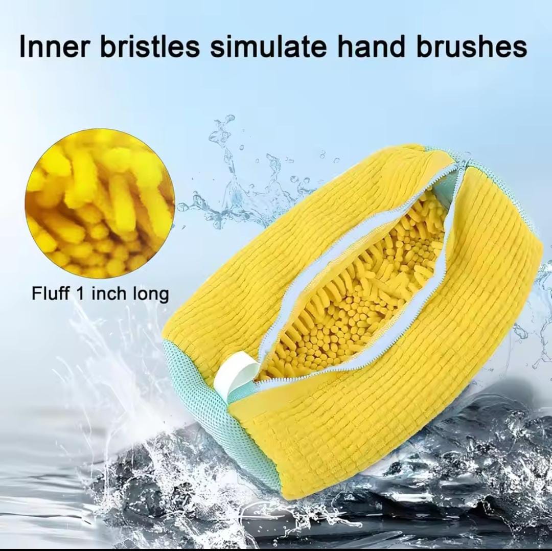 Yellow shoe washing pouch for washing machine with inner bristles simulating hand brushes and 1 inch fluff