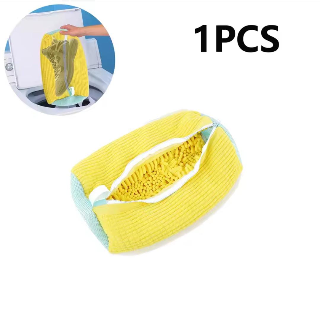Yellow shoe washing pouch for washing machine with zipper and mesh sides for shoe protection