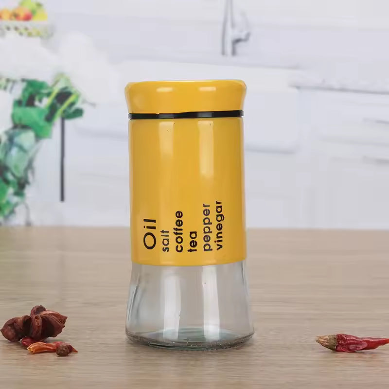 Clarify.pk kitchen spice jar container with yellow lid and clear glass body for oil salt coffee tea pepper vinegar