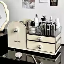 Makeup organizer for vanity drawers by Clarify.pk with clear acrylic sections and cream-colored drawers