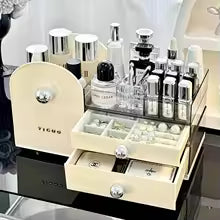 Clear cosmetic storage box by Clarify.pk with multiple compartments and drawers, a makeup organizer for vanity drawers